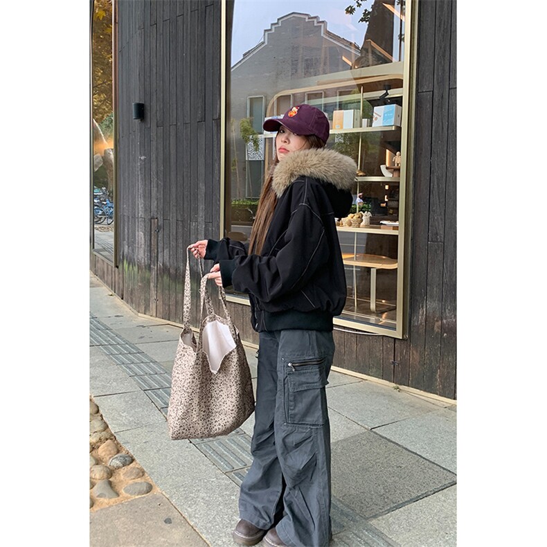 现货重磅boxy短款棉衣座山雕大毛毛领男女棉服水洗工装厚外套,男装棉衣,电商A486