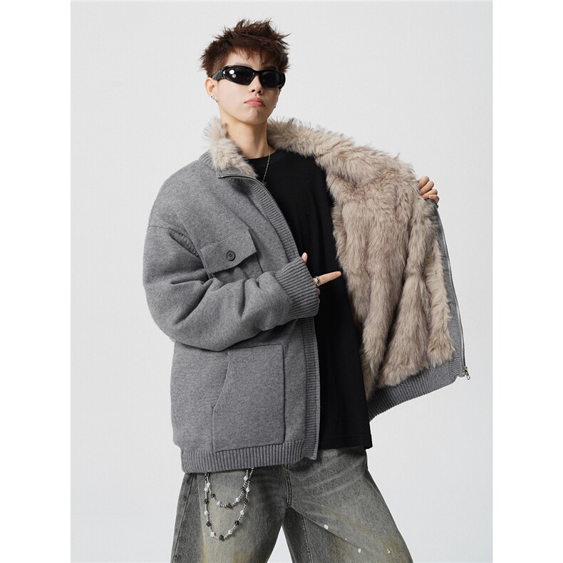 现货高品质加绒加厚座山雕毛领外套冬季针织衫保暖棉服特P160，男装针织衫/毛衣，电商D205