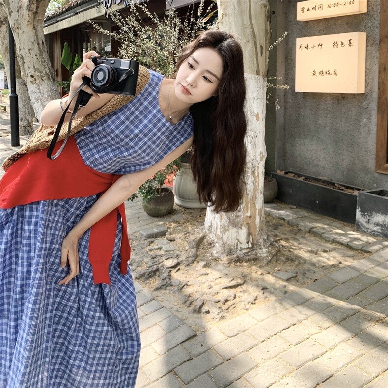 法式设计感格纹无袖连衣裙2025年夏季新款宽松显瘦减龄休闲长裙女,女装连衣裙,2C159