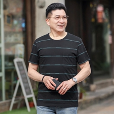 爸爸夏装短袖T恤男薄款圆领上衣2023夏季新款中年男士条纹体恤衫，男装T恤，电商B212（原钱塘6029）