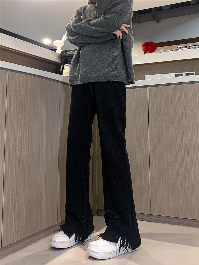 现货秋冬黄泥美式vibe裤高街黑色微喇直筒毛边牛仔裤男K890-P55,男装牛仔裤,星座205