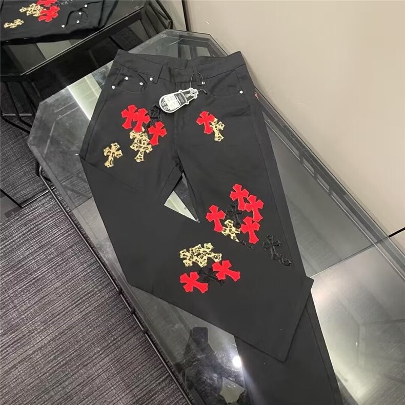 秋季新款慵懒加长彩色拼皮十字架长裤宽松阔腿牛仔裤男AMT705P75，男装皮裤，星座1013-5