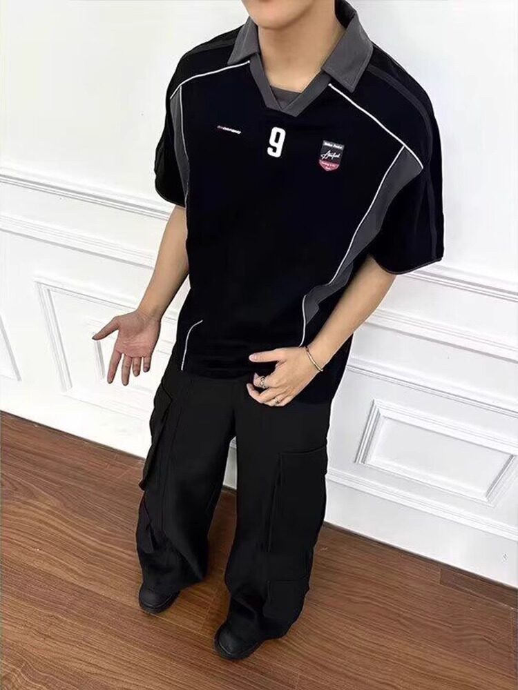 美式高街球衣运动翻领POLO衫男夏季宽松拼接撞色百搭短袖T恤上衣,男装Polo衫,四季星座505