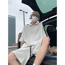 跑步运动套装男款夏季美式高街半拉链立领条纹拼接短袖短裤两件套，男装Polo衫，电商A007