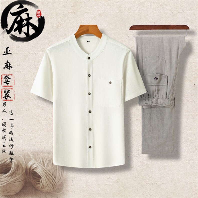 主推！919/912夏季男风亚麻短袖T恤棉麻套装中老年爸爸装,男装T恤,钱塘723