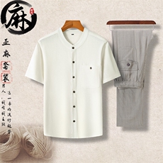 主推！919/912夏季男风亚麻短袖T恤棉麻套装中老年爸爸装，男装T恤，钱塘723