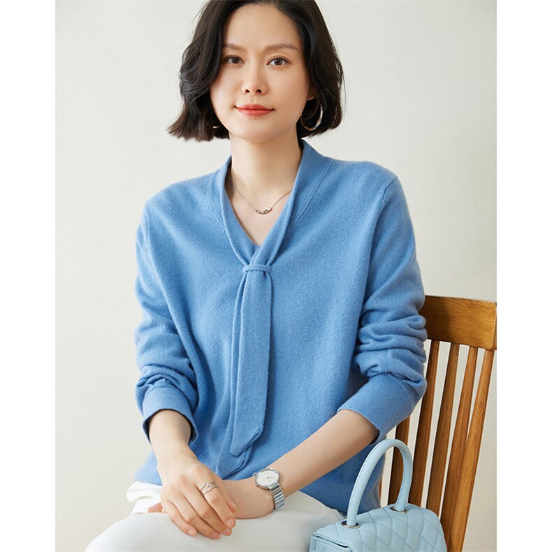 优雅气质V领系带羊绒衫显瘦百搭长袖针织衫,女装羊绒衫,迎冬羊绒