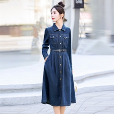 牛仔连衣裙女中长款2025春装新款韩版收腰显瘦气质减龄休闲衬衫裙，女装连衣裙，慕依路