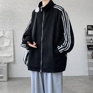 8XL-M 春季大码外套男重磅条纹麂皮绒棒球服立领夹克衫JK004P75图片