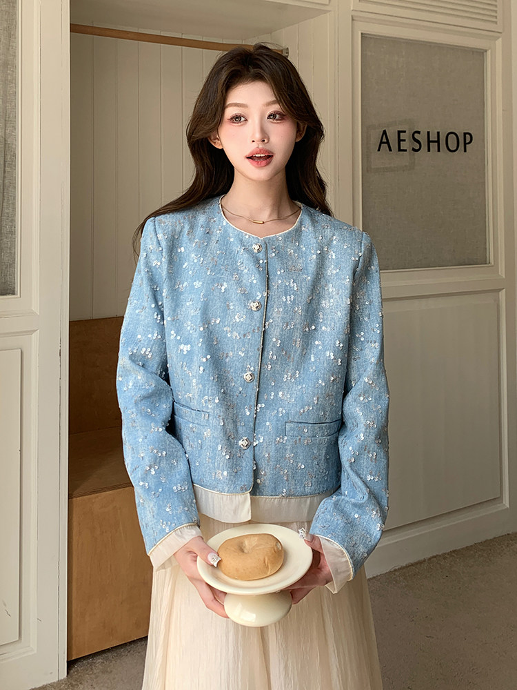 小香风蓝色亮片外套短款女春秋2025新款韩版宽松小个子夹克衫上衣,女装短外套,浙宝208A