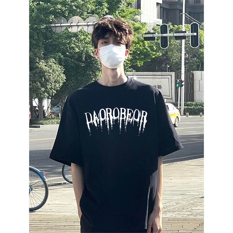 抖音得物供货210克现货宽松纯棉美式潮牌印花落肩袖纯棉T恤AT2187图片
