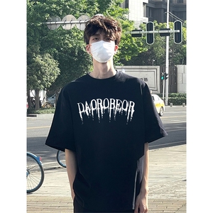 抖音得物供货210克现货宽松纯棉美式潮牌印花落肩袖纯棉T恤AT2187图片
