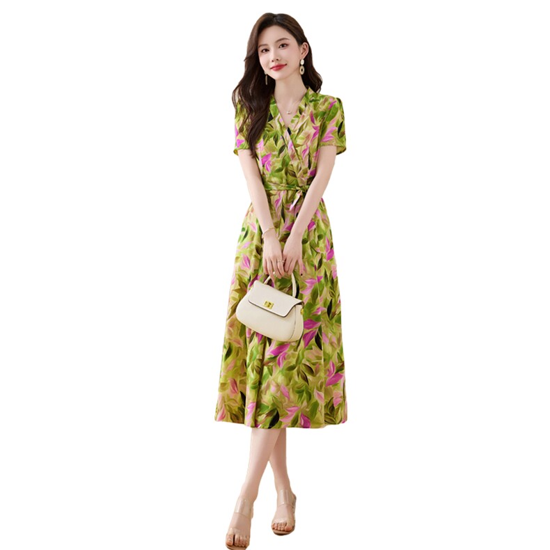 法式优雅气质碎花连衣裙女2025夏季新款收腰显瘦洋气妈妈过膝长裙,女装连衣裙,牡丹诺