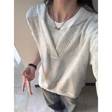 白花灰假两件v领卫衣男美式重磅硬挺正肩连帽衫cleanfit短款外套，男装卫衣，星座513A