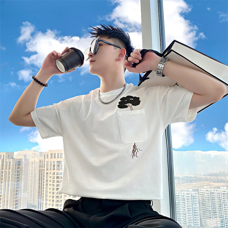 AT503/P58控78夏季社会小伙刺绣设计感打底上衣百搭短袖T恤男白首,男装T恤,星座305B-1