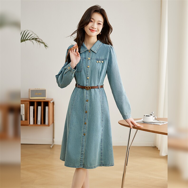 时尚休闲牛仔连衣裙女2024年春秋季新款小个子复古气质收腰中长裙,女装连衣裙,采品优优