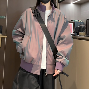 JK5023/P70春装新款炫彩缎面飞行夹克男女美式潮短款外套宽松上衣图片