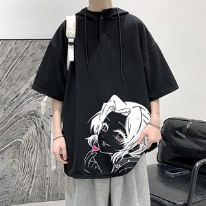 LD54153-P45 连帽短袖t恤男大码胖子带帽五分袖中袖 大皂风图片