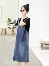 C8032夏季2024背带裙短袖T恤牛仔裙女连衣裙漂亮女裙，女装连衣裙，蓝诺裳