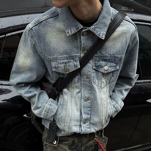 美式复古蓝色牛仔外套男2025秋季新款高街痞帅宽松少年感夹克上衣图片