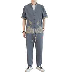 2025新款风男装夏季短袖开衫唐装男汉服套装一套-7717-P60，男装休闲套装，星座1105