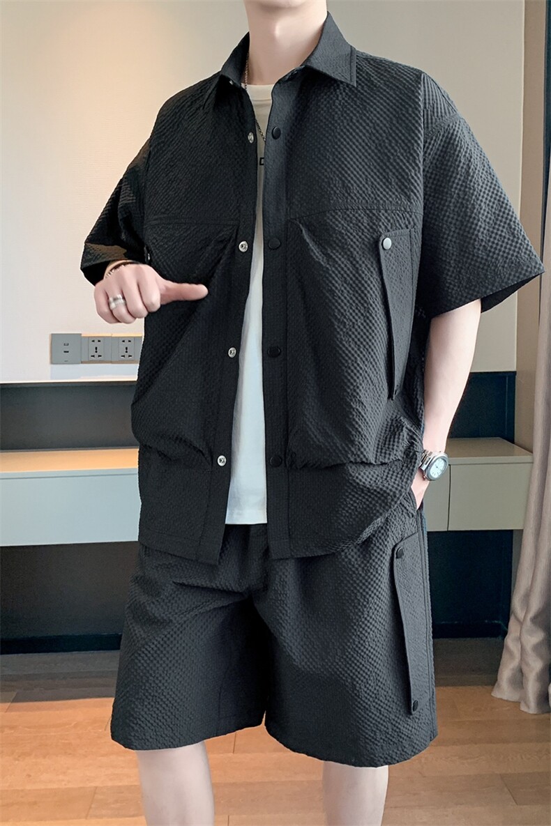 华夫格休闲套装男夏季潮牌冰丝衬衫男短袖一套搭配帅气高级感衣服,男装休闲套装,电商A409-1