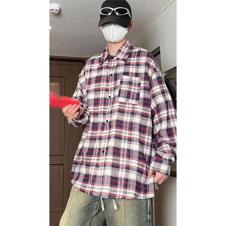 港风宽松长袖衬衫格子衬衣文艺青年穿搭KD611-P45控68,男装衬衫,电商D312-1
