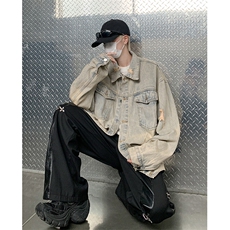 街头美式复古做旧牛仔外套男女宽松潮牌破洞夹克上衣SX369P57，男装工装外套，星座1112-1