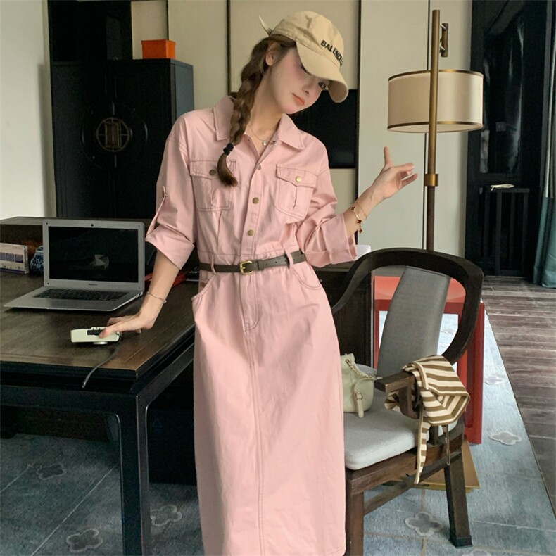 182-8569-P135-K188-粉色设计感带披肩收腰连衣裙，女装连衣裙，帛香坊