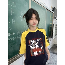 夏季美式高街重磅纯棉三条杠织带插肩撞色男女短袖T恤CZ135-特P25，男装T恤，电商A486
