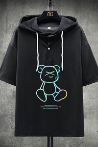 LD54139-P45 连帽短袖t恤男大码胖子带帽五分袖中袖 展架图片