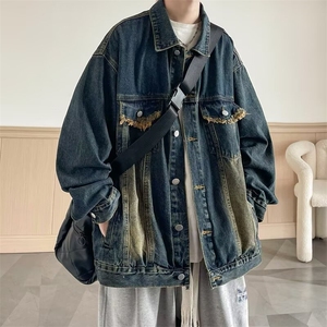 潮牌美式做旧水洗拼接牛仔外套男女复古宽松百搭夹克W016-P59网图图片