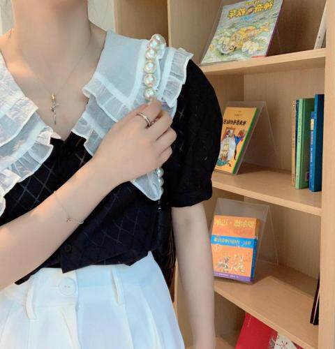 爽边翻领菱纹衬衣，女装，新袖