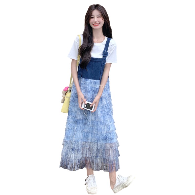 网纱拼接蛋糕牛仔背带连衣裙套装女夏2025新款气质感独特漂亮裙子,女装套装/套裙,2C115