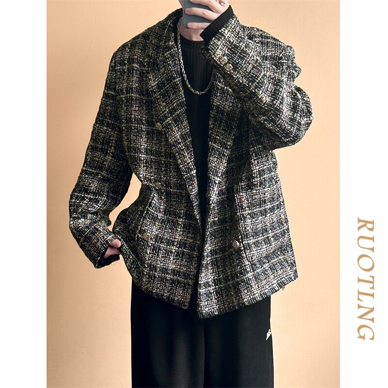 现货新款小香风西装外套男潮格纹呢子西服A351-AX2506-P125,男装西服,电商A351