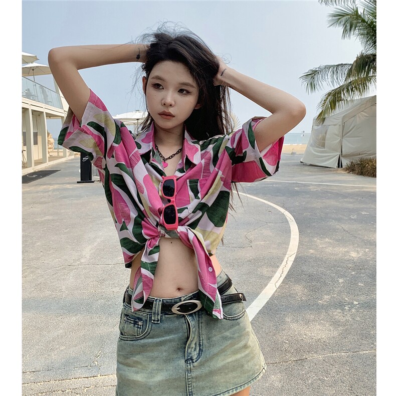 港风复古夏威夷满印短袖cleanfit花衬衫男女泰式情侣休闲沙滩衬衣，女装衬衫，电商C306-1