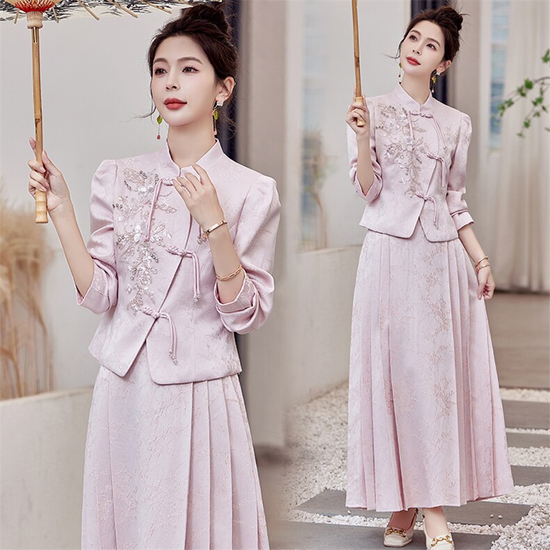 2025新款春秋装复古中国风绣花连衣裙女装礼服气质新中式套装裙，女装套装/套裙，芷墨服饰