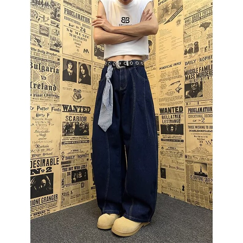 美式方巾弯刀牛仔裤男女宽松阔腿设计感小众休闲长裤RK3069-P49,男装牛仔裤,星座412-3