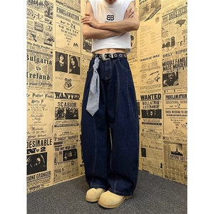 美式方巾弯刀牛仔裤男女宽松阔腿设计感小众休闲长裤RK3069-P49图片