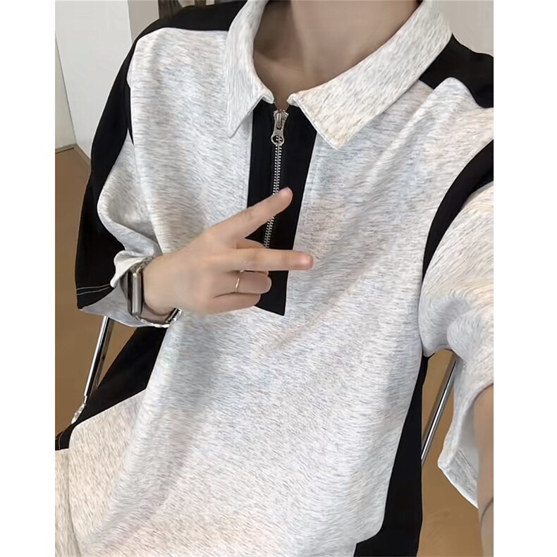 网图半拉链撞色拼接夏季潮男休闲短袖男女同款宽松T恤T2225-P38,男装T恤,星座1213