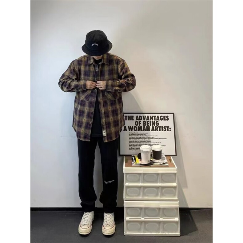 1506A/GJ010/P53美式高级感黄色格纹格子衬衫,男装衬衫,星座1506A