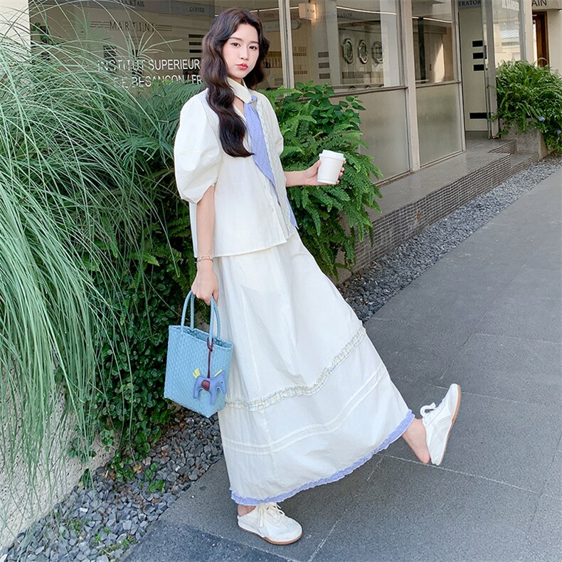 高级感V领上衣半身裙两件套女夏季新款气质显瘦温柔风套装连衣裙,女装套装/套裙,浙宝305