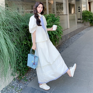 高级感V领上衣半身裙两件套女夏季新款气质显瘦温柔风套装连衣裙图片