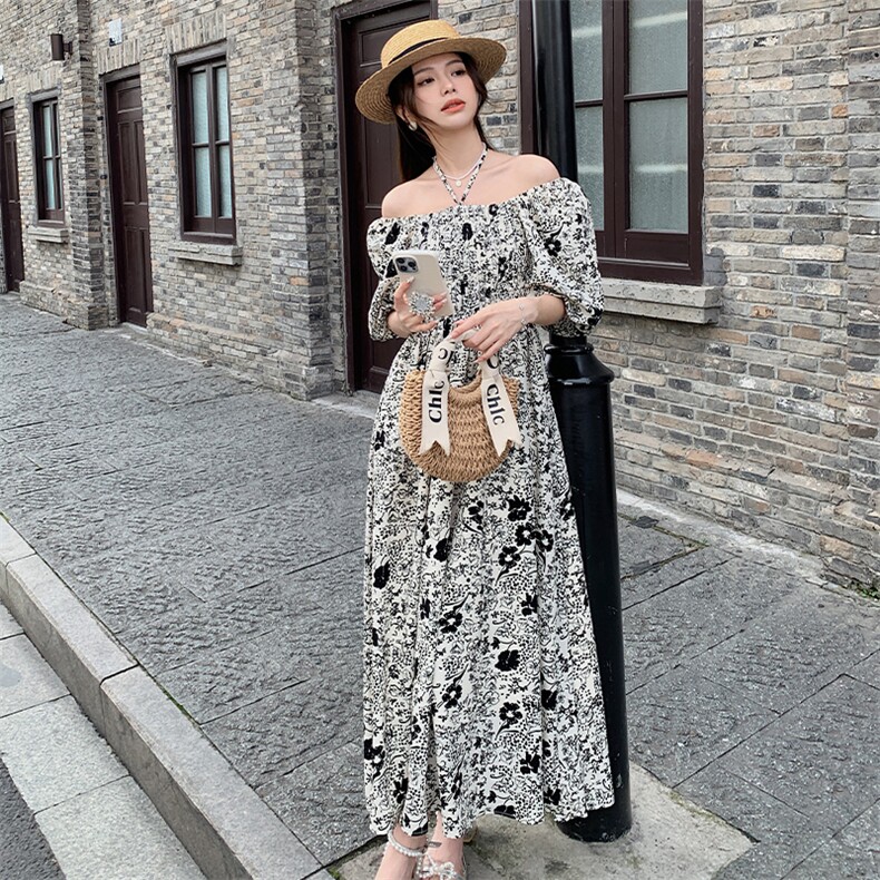 新中式玫红碎花连衣裙女夏季2024国风高级感收腰气质中长a字裙子,女装连衣裙,浙宝276（原081）
