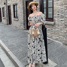 新中式玫红碎花连衣裙女夏季2024国风高级感收腰气质中长a字裙子，女装连衣裙，浙宝276（原081）