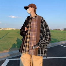 街头小众格子拼接长袖衬衫男潮牌宽松bf风休闲衬衣外套CS311-p46，男装衬衫，星座1008-2