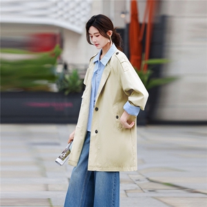 条纹拼接中长宽风衣女假两件女春季新款设计感减龄夹克上衣图片