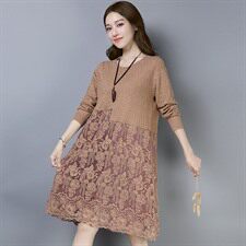 优雅蕾丝拼接长袖连衣裙显瘦气质女装，女装连衣裙，江忆布依