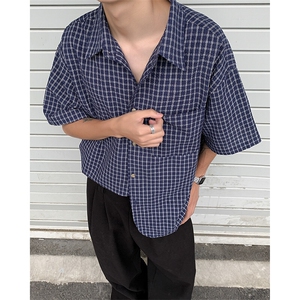 短袖男夏季薄款格子衬衫潮牌港风翻领休闲宽松上衣CS41-P40图片