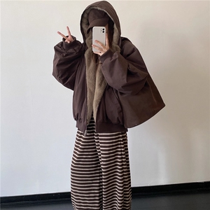 潮牌两面穿仿兔毛棉衣男冬美式痞帅保暖连帽棉服复古百搭情侣外套图片